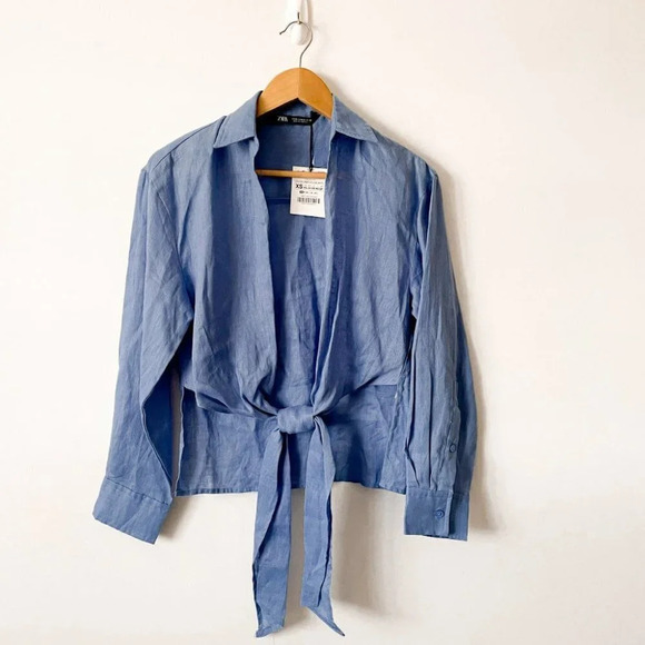 Zara Linen Shirt With Knot Blue NWT Size XS - Picture 3 of 5